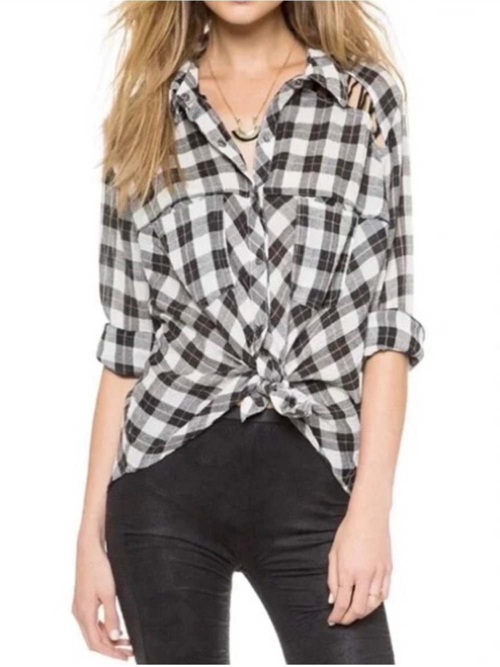 Free People Black & White Plaid Tie-Front Women's Shirt Size Small